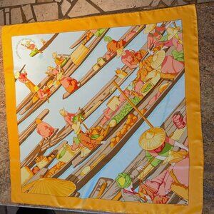 Hermes Silk "Marche Flottant Du Lac Inle II" Scarf Tangerine Color w Blue